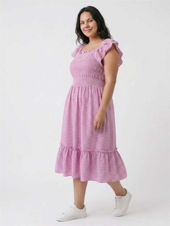 Terra & Sky Dresses & Skirts - Terra & Sky 2X Gingham Smocked Midi Dress in Black, Purple, and Coral